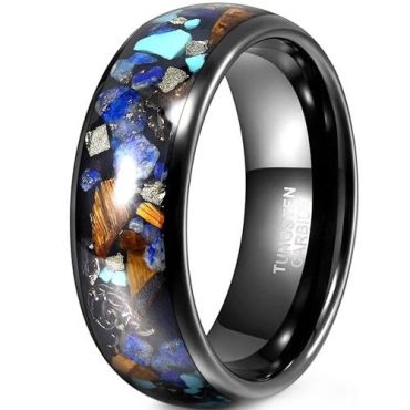 (Wholesale)Black Tungsten Carbide Turquoise Koa Wood Crushed Opal & Meteorite RIng-01902