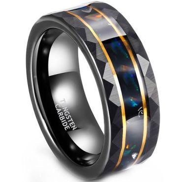 (Wholesale)Tungsten Carbide Black Gold Tone Double Grooves Faceted Ring With Abalone Shell-01903