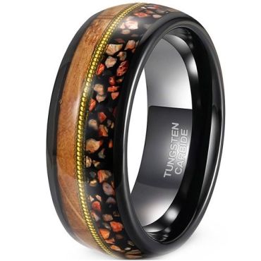 (Wholesale)Tungsten Carbide Black Gold Tone Wire Ring With Dinosaur Bone & Koa Wood-01910