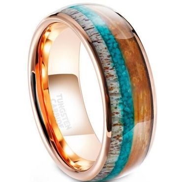 (Wholesale)Rose Tungsten Carbide Turquoise Deer Antler & Koa Wood Dome Court Ring-01912