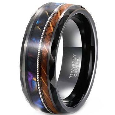 (Wholesale)Tungsten Carbide Black Silver Wire Ring With Koa Wood & Abalone Shell-01917
