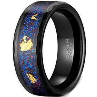 (Wholesale)Black Tungsten Carbide Black Faceted Ring With Meteorite & Gold Foil-01919