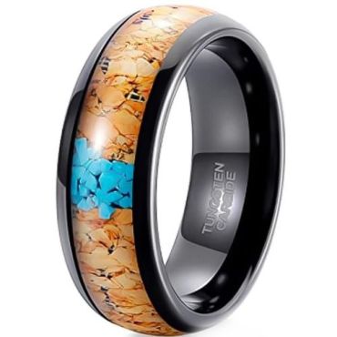 (Wholesale)Black Tungsten Carbide Turquoise & Koa Wood Dome Court Ring-01920