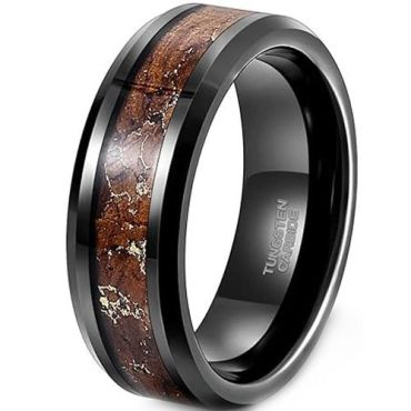 (Wholesale)Black Tungsten Carbide Ring With Koa Wood & Foil-01924
