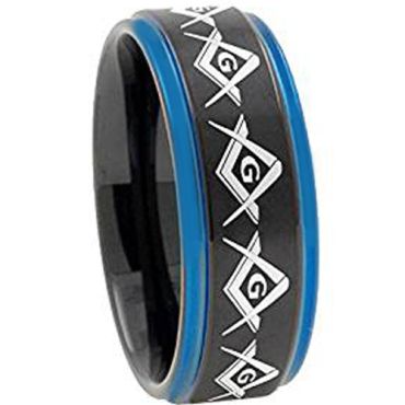 (Wholesale)Tungsten Carbide Black Blue Masonic Ring-2741AA