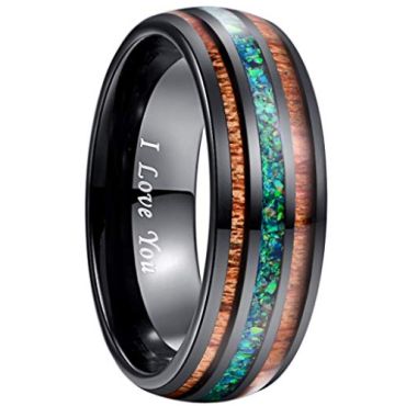 (Wholesale)Black Tungsten Carbide Imitate Opal Wood Ring-279