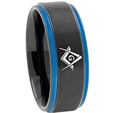 (Wholesale)Tungsten Carbide Black Blue Masonic Ring - TG3092AA