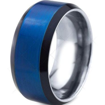 (Wholesale)Tungsten Carbide Black Blue Beveled Edges Ring-4095
