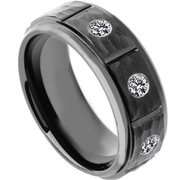 (Wholesale)Black Tungsten Carbide Hammered Ring With CZ - TG4181
