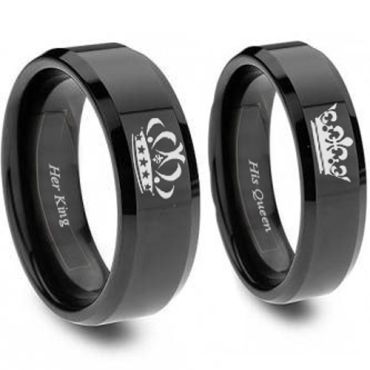 (Wholesale)Black Tungsten Carbide King Queen Ring - TG4552