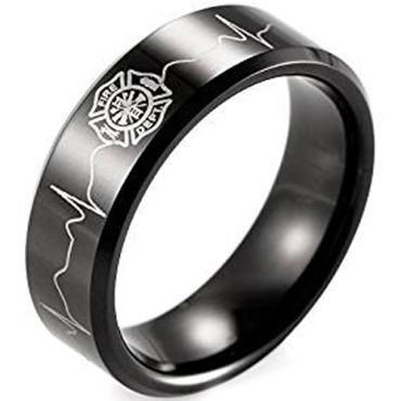 (Wholesale)Black Tungsten Carbide Firefighter Ring - TG4627