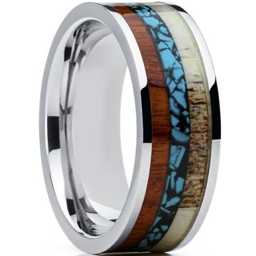 (Wholesale)Tungsten Carbide Imitate Turquoise Wood Antler Ring-4