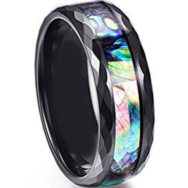 (Wholesale)Black Tungsten Carbide Faceted Abalone Shell Ring - T