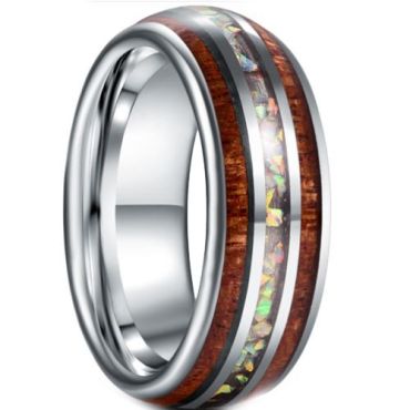 (Wholesale)Tungsten Carbide Ring With Crushed Opal & Koa Wood-5931