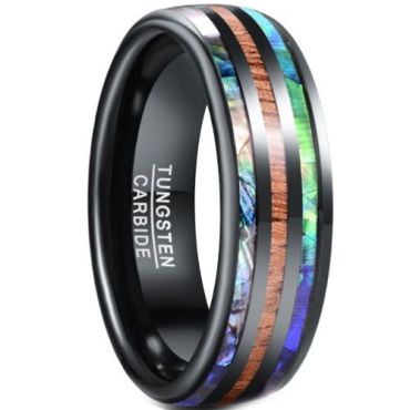 (Wholesale)Black Tungsten Carbide Abalone Shell & Wood Ring-5940