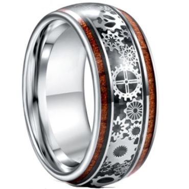 (Wholesale)Tungsten Carbide Gears Ring With Koa Wood & Carbon Fiber-5941