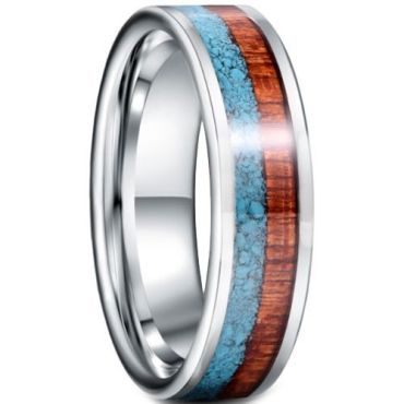 (Wholesale)Tungsten Carbide Turquoise & Wood Ring-5943