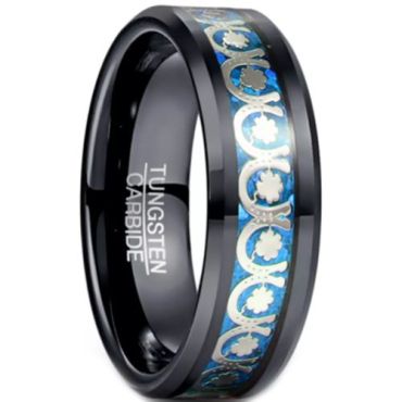 (Wholesale)Black Tungsten Carbide Clover & Horseshoe Ring With Crushed Opal-7282