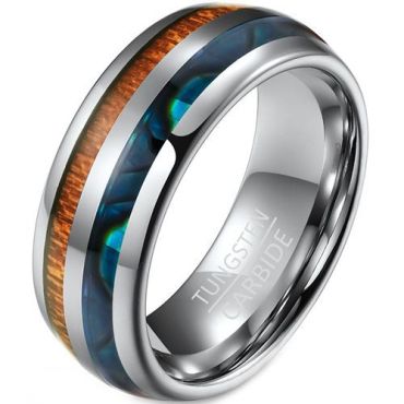(Wholesale)Tungsten Carbide Dome Court Ring With Abalone Shell & Wood-7535