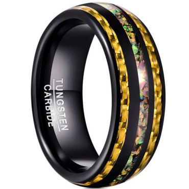 (Wholesale)Black Tungsten Carbide Ring With Carbon Fiber & Crushed Opal-7775