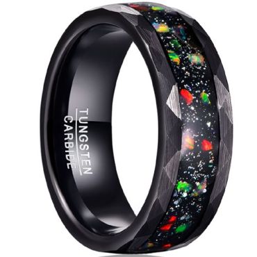 (Wholesale)Black Tungsten Carbide Faceted Ring With Crushed Opal & Meteorite-7785