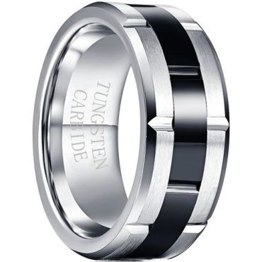 (Wholesale)Tungsten Carbide Black Silver Tire Tread Ring-7792