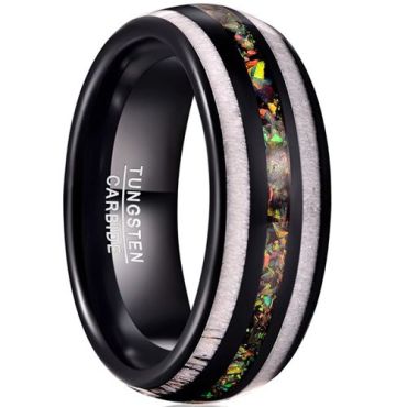 (Wholesale)Black Tungsten Carbide Deer Antler & Crushed Opal Dome Court Ring-7793