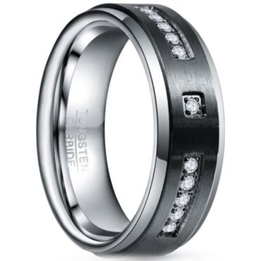 (Wholesale)Tungsten Carbide Black Silver Ring With Cubic Zirconia-7862