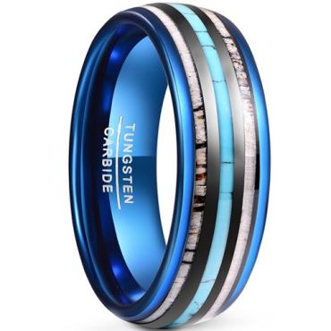 (Wholesale)Blue Tungsten Carbide Deer Antler & Turquoise Ring-7864