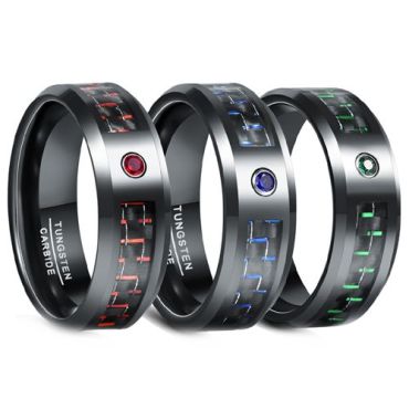 (Wholesale)Black Tungsten Carbide Carbon Fiber Ring With Cubic Zirconia-7899