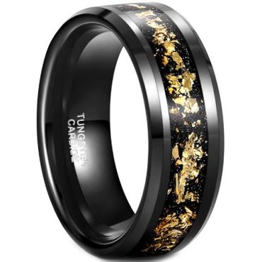 (Wholesale)black Tungsten Carbide Meteorite Gold Foil Beveled Edges Ring-7935
