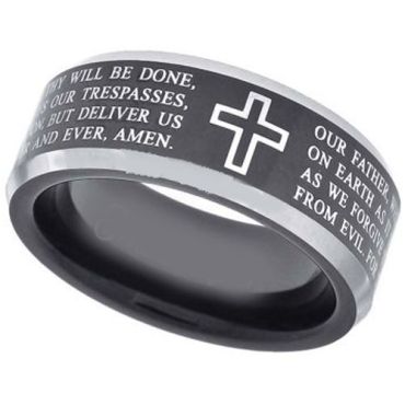 (Wholesale)Tungsten Carbide Black Silver Cross Prayer Ring-7968