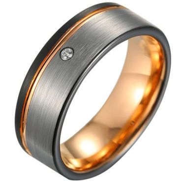 (Wholesale)Tungsten Carbide Black Rose Silver Ring With Cubic Zirconia-8082