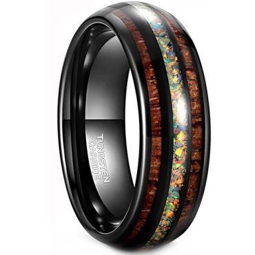 (Wholesale)Black Tungsten Carbide Dome Court Ring With Koa Wood & Crushed Opal-8168
