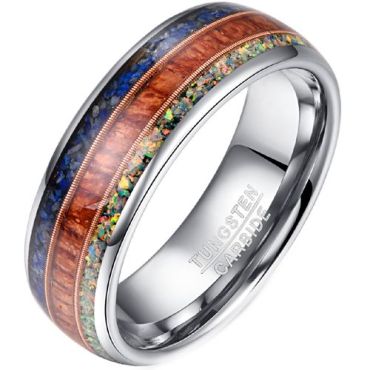 (Wholesale)Tungsten Carbide Lapis Lazuli Koa Wood Crushed Opal Wire Ring-8278