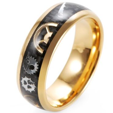 (Wholesale)Gold Tone Tungsten Carbide Gears Ring With Carbon Fiber-8290