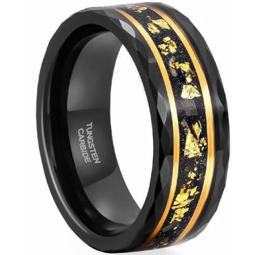 (Wholesale)Tungsten Carbide Black Gold Tone Faceted Ring With Meteorite & Gold Foil-8302