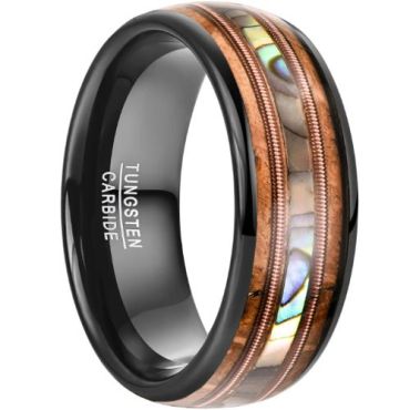 (Wholesale)Tungsten Carbide Black Rose Wire Abalone Shell & Koa Wood Ring-8641