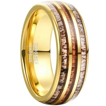 (Wholesale)Gold Tone Tungsten Carbide Deer Antler & Koa Wood Ring-8884