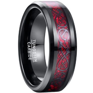 (Wholesale)Tungsten Carbide Black Red Dragon Beveled Edges Ring-8886