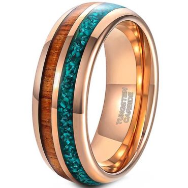 (Wholesale)Rose Tungsten Carbide Crushed Opal & Koa Wood Dome Court Ring-9027