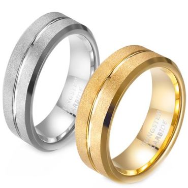 (Wholesale)Tungsten Carbide Gold Tone/Silver Center Groove Sandblasted Ring-9329