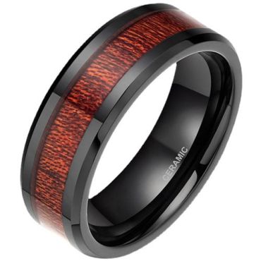 (Wholesale)Black Ceramic Ring With Koa Wood-9331