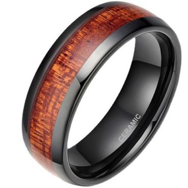 (Wholesale)Black Ceramic Ring With Koa Wood-9336