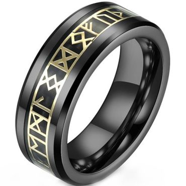 (Wholesale)Tungsten Carbide Black Gold Tone Runes Ring With Carbon Fiber-9350