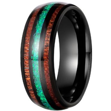 (Wholesale)Black Tungsten Carbide Koa Wood & Crushed Opal Ring-9356