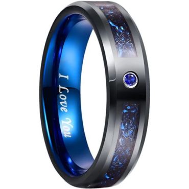 (Wholesale)Tungsten Carbide Black Blue Dragon Ring With Created Blue Sapphire-9366