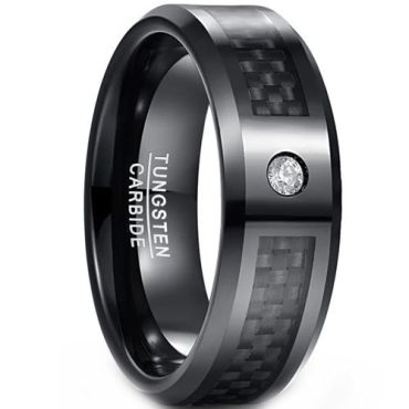 (Wholesale)Black Tungsten Carbide Carbon Fiber Ring With Cubic Zirconia-9387