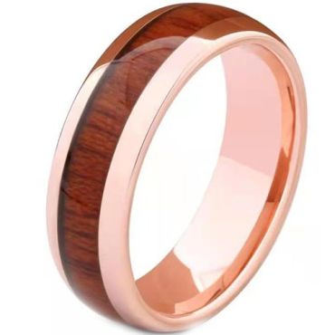 (Wholesale)Rose Tungsten Carbide Dome Court Ring Koa Wood-9410