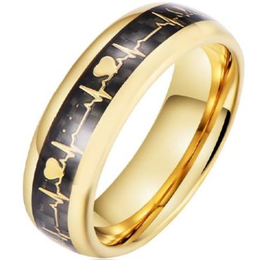 (Wholesale)Gold Tone Tungsten Carbide Heartbeat Ring With Carbon Fiber-9708